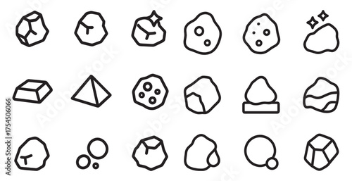 Rock and nature outline icons set – flat, linear, geology and landscape symbols