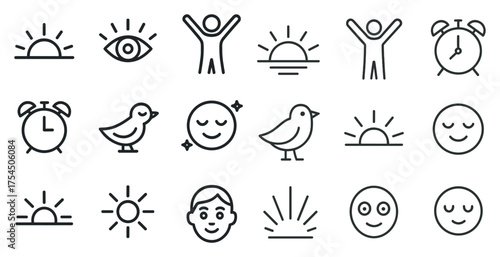 Morning and mindfulness outline icons set – rise, wakefulness, meditation symbols