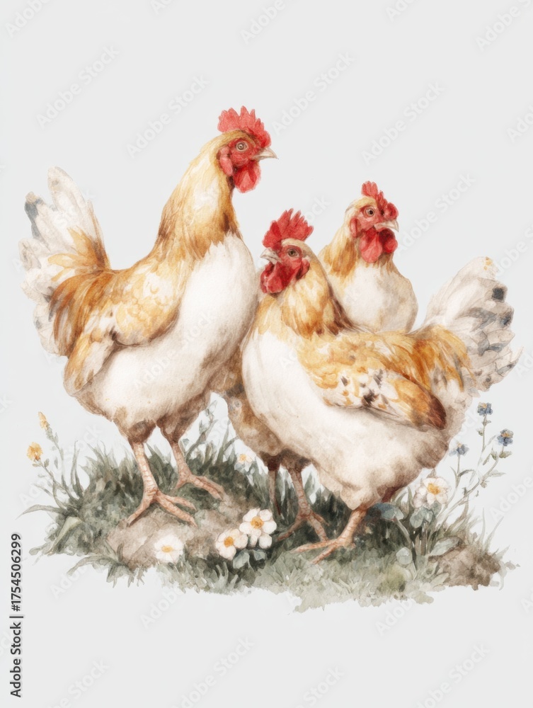 Fototapeta premium Three chickens standing together on green grass surrounded by daisies in a natural setting