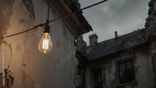 Illuminated Bulb in Abandoned Building - Hope Amidst Decay.