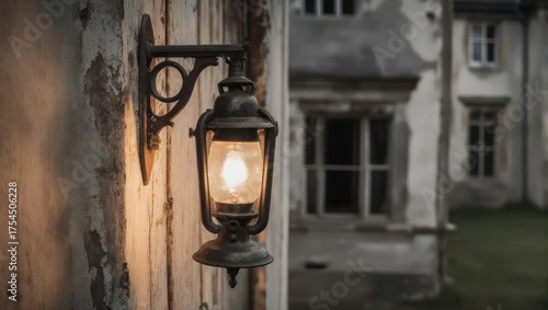 Illuminated Lantern Outside a Weathered Building at Dusk.