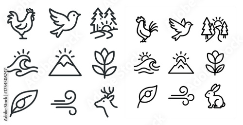Nature and wildlife outline icons set – linear, silhouette, animal and plant symbols