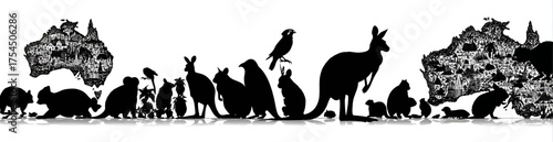 A black silhouette of Australian animals are in a row, with two collage-style maps of Australia