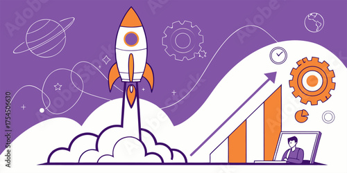 Flat vector illustration of business startup showing new project creation and business elements.