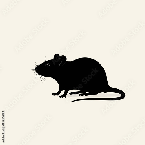 A simple graphic of a rodent, a black rat silhouette, on a cream background. Features whiskers and a tail