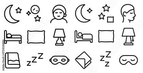 Sleep and relaxation line icons set – outline, rest, bedtime sleep symbols