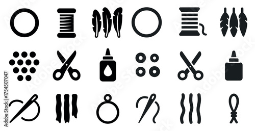 Crafting and sewing filled icons set – hobby, diy, needlework symbols