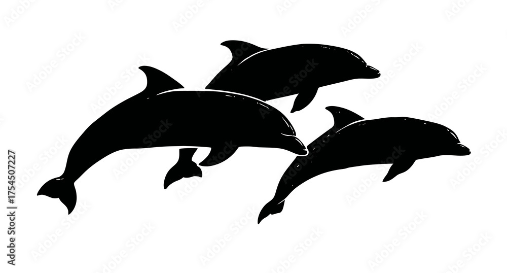 Fototapeta premium Silhouetted depiction of three marine mammals gracefully leaping in a white background