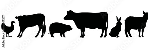 Black silhouettes of various farm animals in a row against a white background, isolated elements