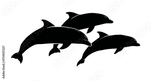Silhouetted depiction of three marine mammals gracefully leaping in a white background