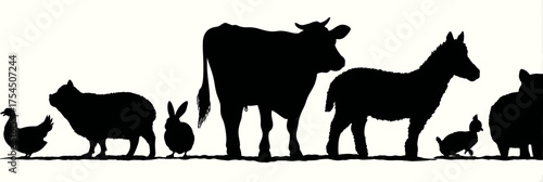 Silhouette of farm animals in black, including a duck, pig, rabbit, cow, sheep, and another rabbit