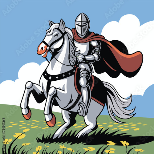 Cartoon illustration of a medieval knight in armor riding a rearing white horse