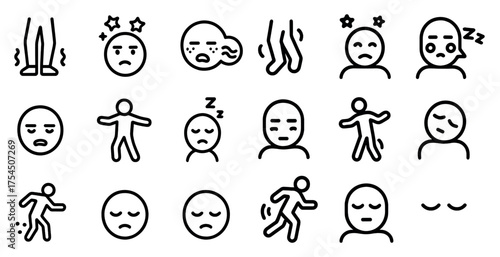 Fatigue and sleepiness icons set – outline, linear, tiredness and rest symbols
