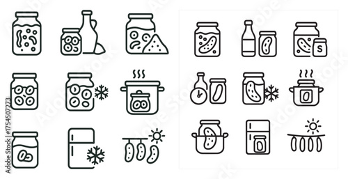 Pickle and fermentation line icons set – outline, jar, preservation symbols