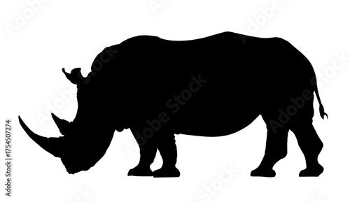 Black silhouette of a large herbivore with a prominent horn, standing, isolated on white