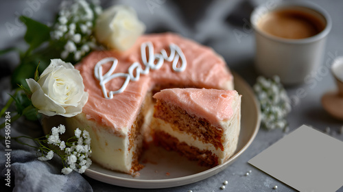 Cake Baby Shower Child Party Confectioner Pink Flowers Dessert Greeting