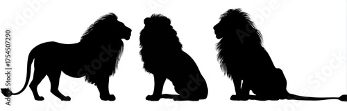Three regal lion silhouettes with flowing manes stand and sit against a plain white background