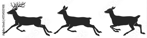 A line art illustration of three silhouettes of deer in various running positions