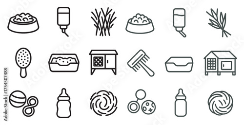 Pet care outline icons set – linear, grooming, and animal essentials symbols