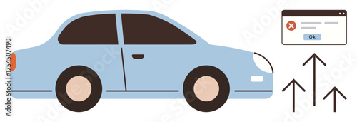 Blue car with a browser error message popup above it and upward arrows showing growth, progress, or movement. Ideal for technology, automotive, error handling, progress, innovation, digital