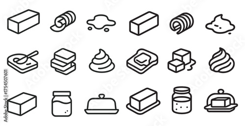 Butter and dairy outline icons set – line, linear, cream and cheese symbols