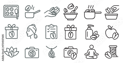 Organic food outline icons set – vegan, health symbols, natural produce