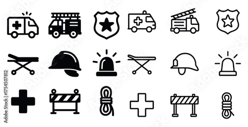 Emergency services outline icons set – linear, filled, rescue and safety symbols