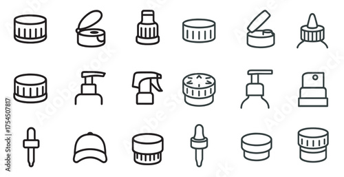 Packaging and dispenser outline icons set – linear, bottle, cap and spray symbols