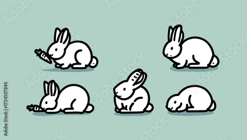 Five minimalist cartoon bunnies in various poses, set against a soft turquoise background