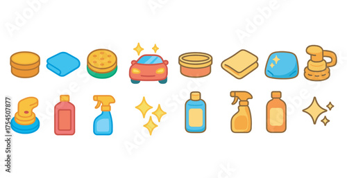 Car detailing flat icons set – illustrations, cleaning, and maintenance symbols