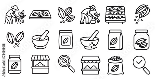 Cocoa farming outline icons set – linear, agriculture, chocolate production symbols