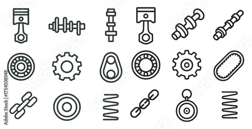 Mechanical parts outline icons set – engineering, machinery, industrial symbols