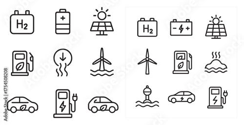 Renewable energy outline icons set – clean power, sustainable resources symbols
