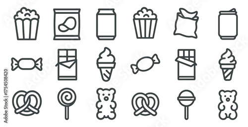 Snack and candy outline icons set – linear, sweet treats, food illustrations