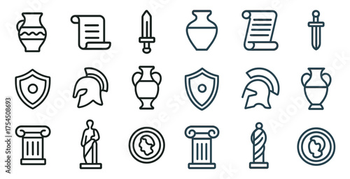 Ancient greece outline icons set – line, linear, classical symbols and mythology