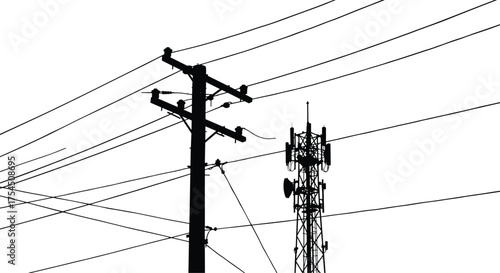 Silhouette vector illustration of electricity power pole and telecommunication tower with multiple cable lines, industrial energy connection, urban communication, and network infrastructure design
