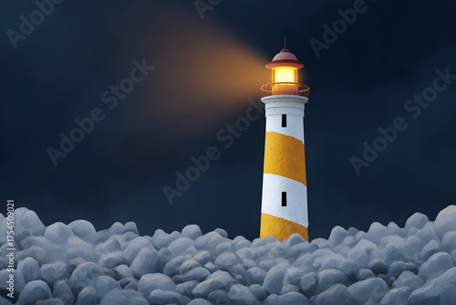A lighthouse emitting a bright beam of light, guiding ships through a stormy sea. The lighthouse stands tall amidst the waves and dark clouds, a beacon of hope and safety.