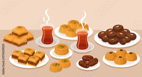 Delightful array of Middle Eastern sweets and hot tea, perfect for Ramadan celebrations or a cultural food blog, conveying warmth and delicious tradition