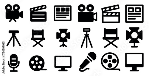 Film and media solid icons set – cinema, filled, movie and entertainment symbols