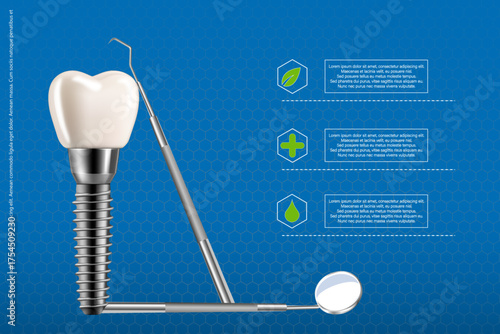 Dental implant poster with tools. 3D medical illustration and infographic on blue background for professional and educational use.
