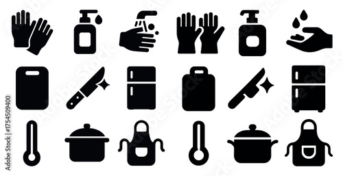 Kitchen and hygiene solid icons set – flat, filled, cooking and cleaning symbols