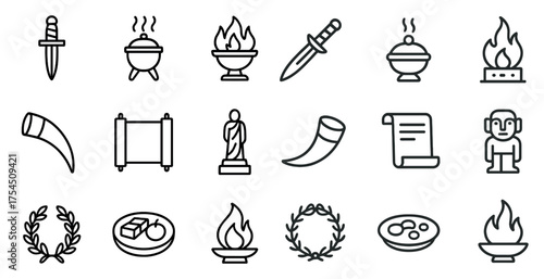 Ancient greece outline icons set – historical, cultural, classic symbols