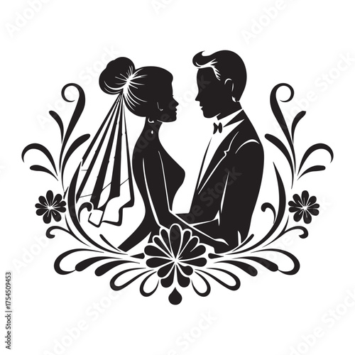 Elegant Wedding Couple Silhouette with Floral Frame Vector Illustration