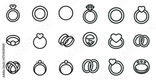 Wedding and engagement outline icons set – linear, rings, romantic symbols