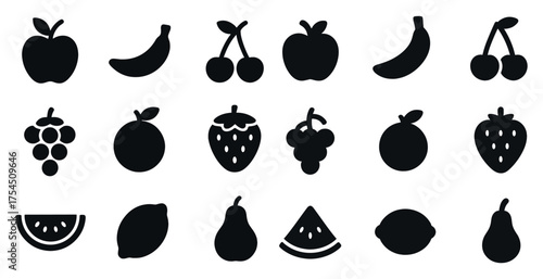 Fruit and food silhouette icons set – solid, outline, healthy eating symbols