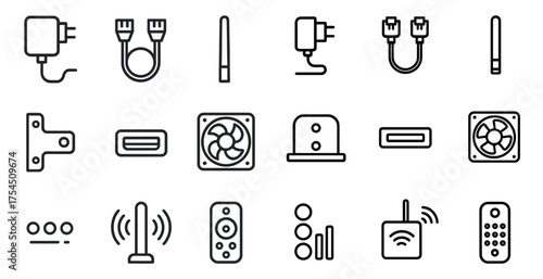 Home technology outline icons set – gadgets, electronics, smart home symbols