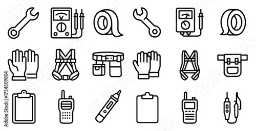 Construction and safety outline icons set – linear, equipment, hazard symbols