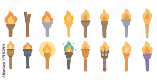 Fire and torch flat icons set – filled, flame and light symbols for design
