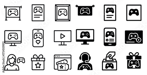 Gaming and entertainment icons set – outline, linear, video game and digital symbols