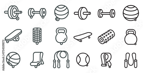 Fitness and training icons set – outline, exercise, gym symbols
